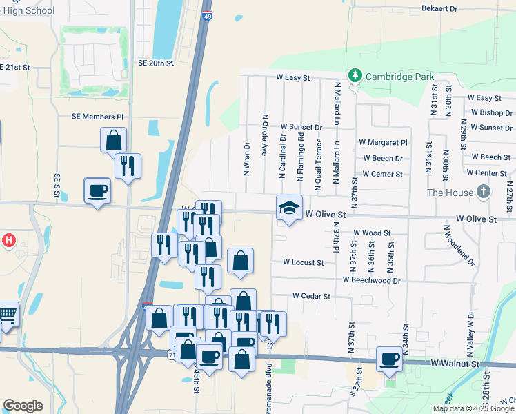 map of restaurants, bars, coffee shops, grocery stores, and more near 4007 West Olive Street in Rogers