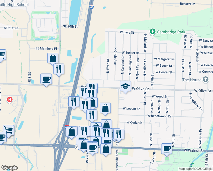 map of restaurants, bars, coffee shops, grocery stores, and more near 4007 West Olive Street in Rogers