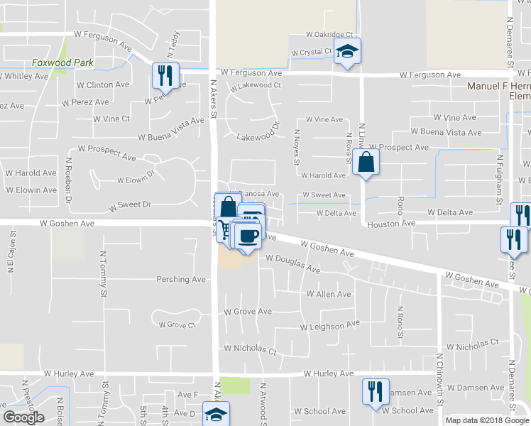 map of restaurants, bars, coffee shops, grocery stores, and more near 5004 West Arrezzo Avenue in Visalia