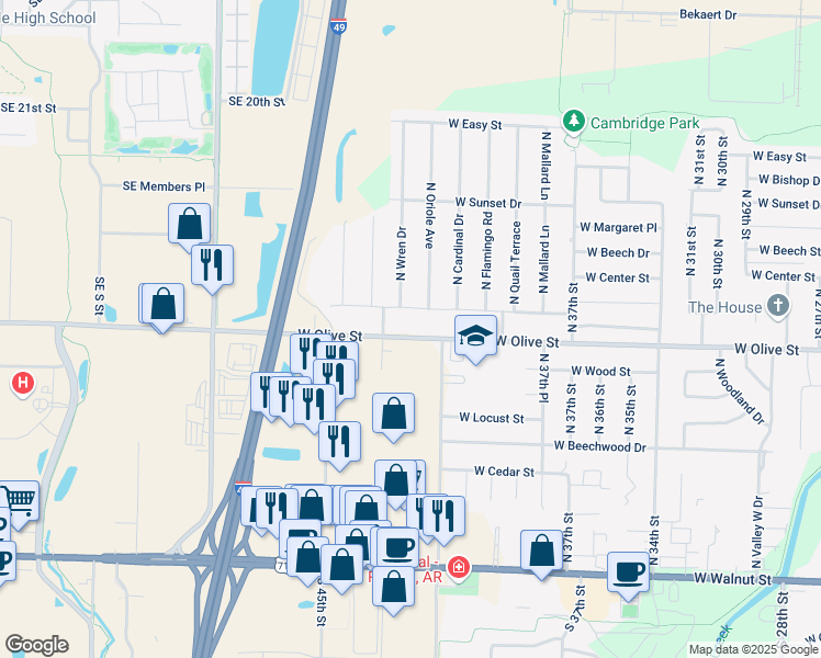 map of restaurants, bars, coffee shops, grocery stores, and more near 4101 West Olive Street in Rogers
