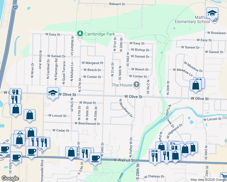 map of restaurants, bars, coffee shops, grocery stores, and more near 3105 West Olive Street in Rogers