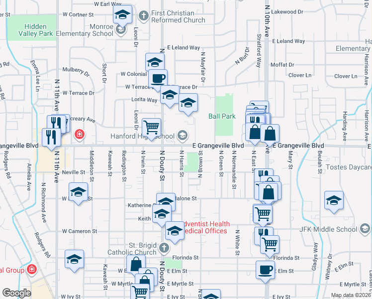 map of restaurants, bars, coffee shops, grocery stores, and more near 1600 North Harris Street in Hanford