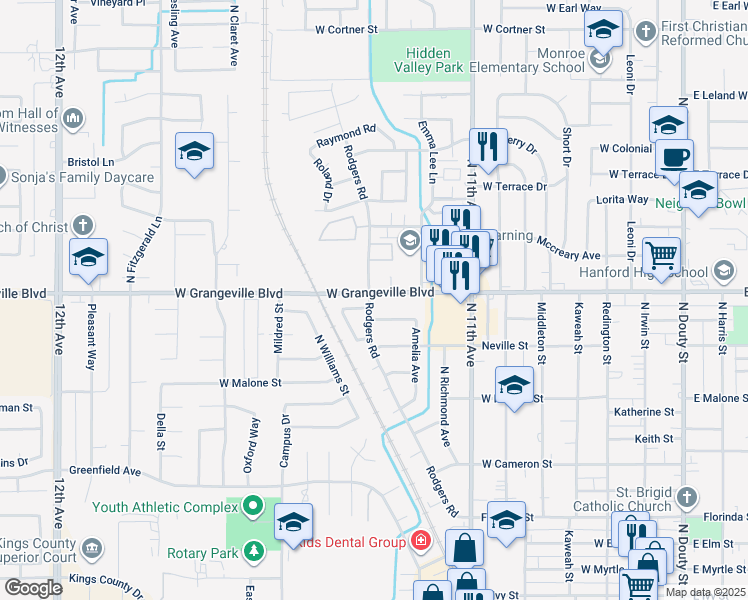 map of restaurants, bars, coffee shops, grocery stores, and more near 934 Amelia Avenue in Hanford