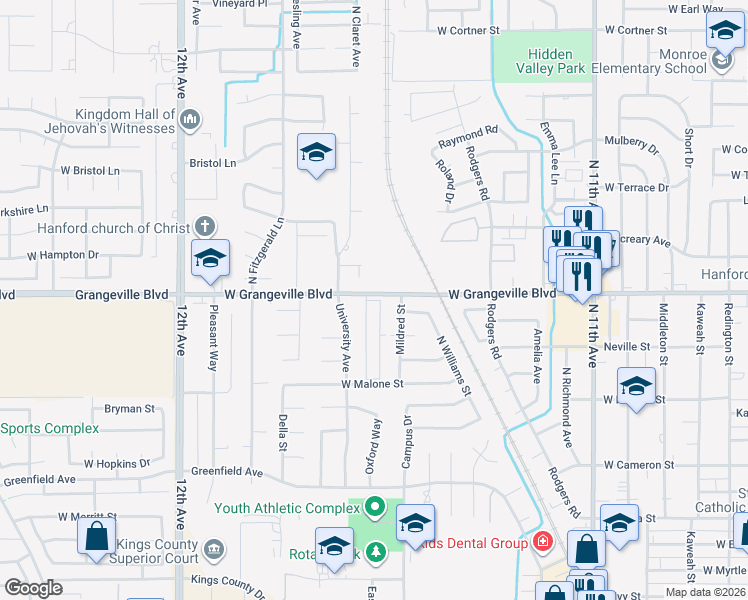 map of restaurants, bars, coffee shops, grocery stores, and more near 1255 West Grangeville Boulevard in Hanford