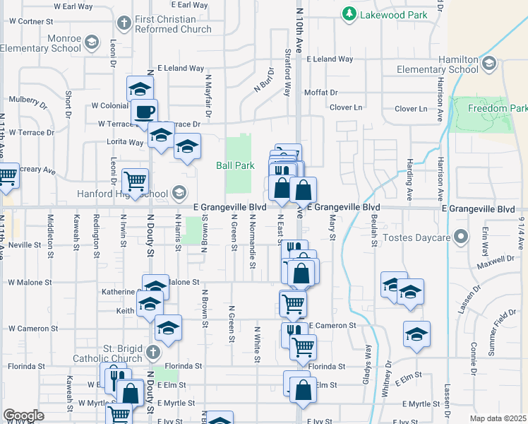 map of restaurants, bars, coffee shops, grocery stores, and more near 505 East Grangeville Boulevard in Hanford
