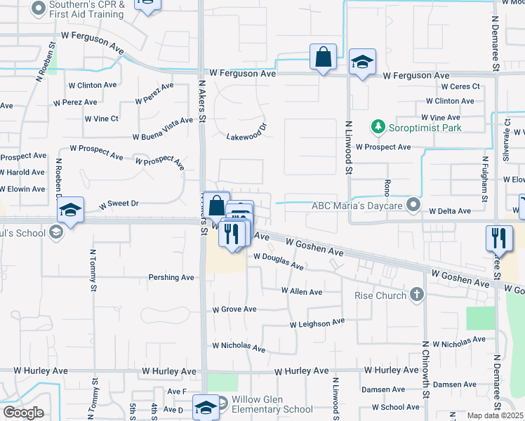 map of restaurants, bars, coffee shops, grocery stores, and more near 4931 West Fiano Avenue in Visalia