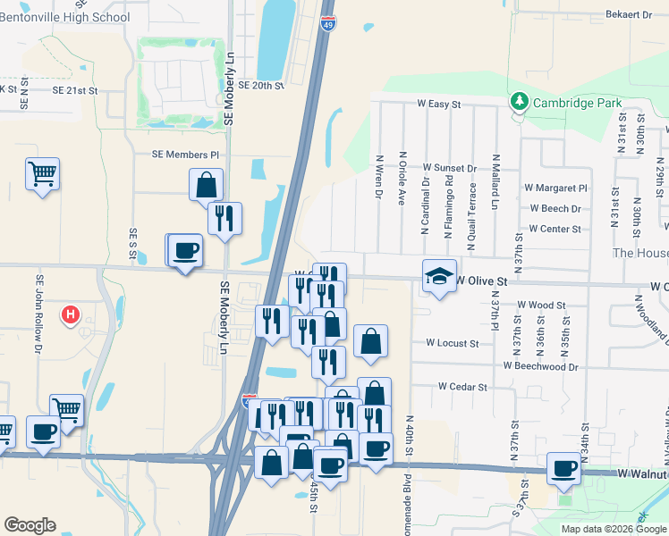 map of restaurants, bars, coffee shops, grocery stores, and more near 678-798 N 46th St in Rogers
