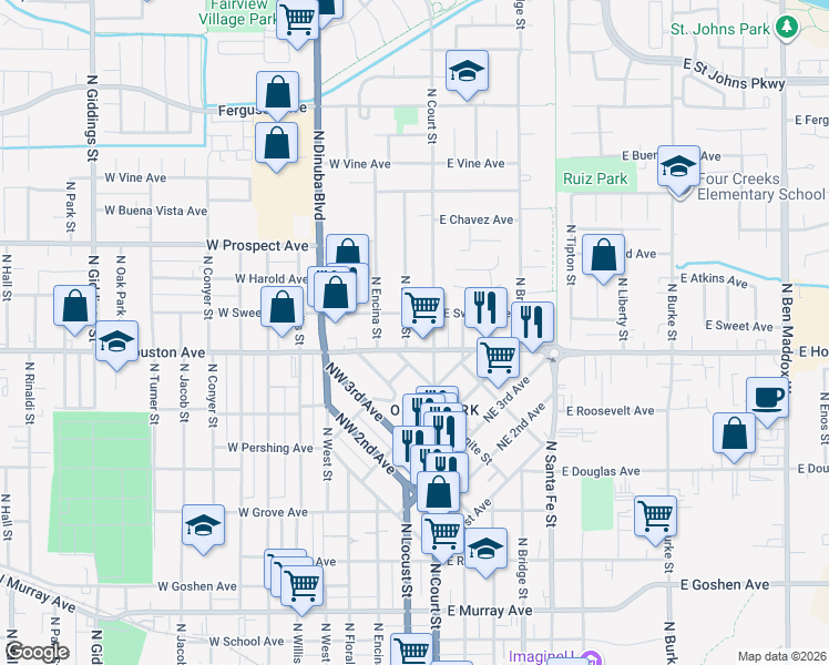 map of restaurants, bars, coffee shops, grocery stores, and more near 1432 North Locust Street in Visalia