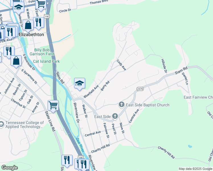 map of restaurants, bars, coffee shops, grocery stores, and more near 1109 Berry Road in Elizabethton