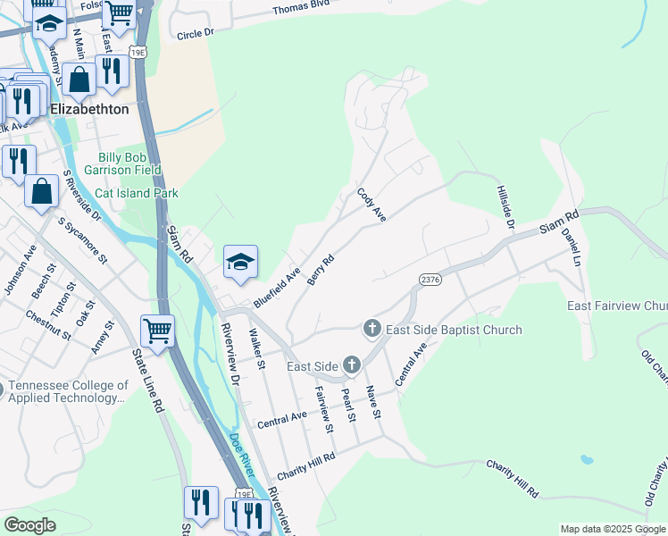 map of restaurants, bars, coffee shops, grocery stores, and more near 1109 Berry Rd in Elizabethton