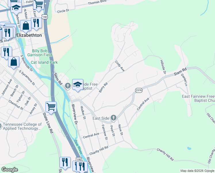 map of restaurants, bars, coffee shops, grocery stores, and more near 1109 Berry Rd in Elizabethton
