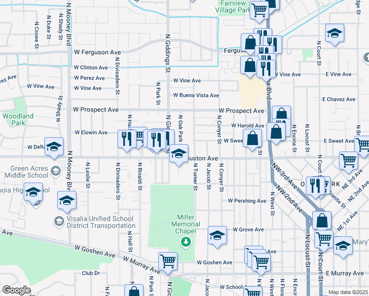 map of restaurants, bars, coffee shops, grocery stores, and more near 1440 North Oak Park Street in Visalia