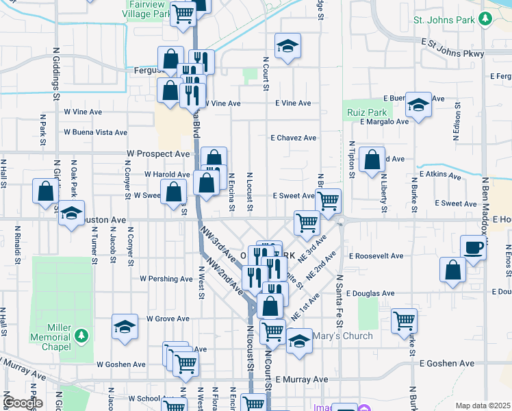 map of restaurants, bars, coffee shops, grocery stores, and more near 1442 North Locust Street in Visalia