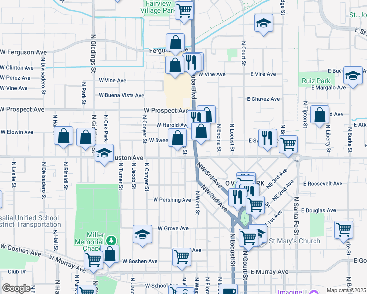 map of restaurants, bars, coffee shops, grocery stores, and more near in Visalia