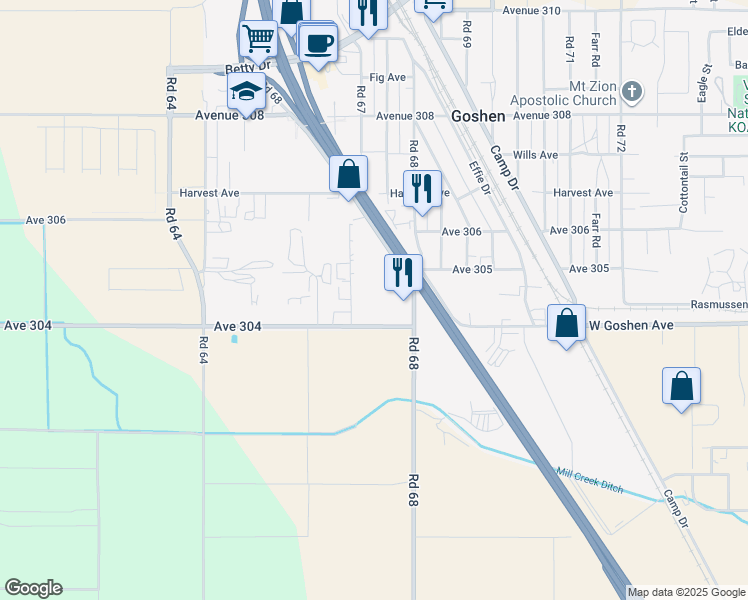 map of restaurants, bars, coffee shops, grocery stores, and more near 6744 Avenue 304 in Visalia