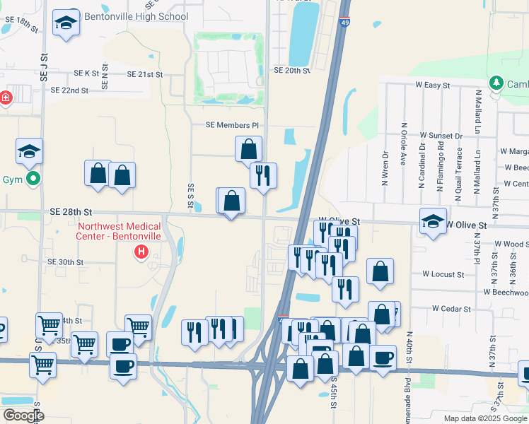 map of restaurants, bars, coffee shops, grocery stores, and more near 2700 Southeast Moberly Lane in Bentonville