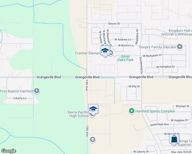 map of restaurants, bars, coffee shops, grocery stores, and more near 12908 Grangeville Boulevard in Hanford