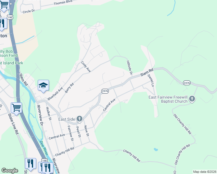 map of restaurants, bars, coffee shops, grocery stores, and more near 1644 Siam Road in Elizabethton