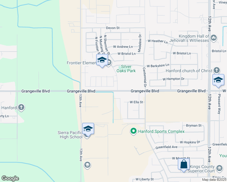 map of restaurants, bars, coffee shops, grocery stores, and more near 12722 Grangeville Boulevard in Hanford