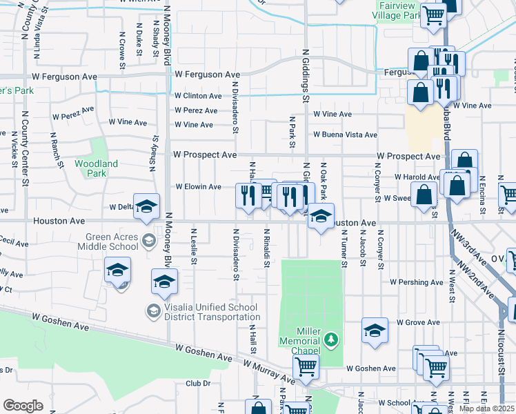 map of restaurants, bars, coffee shops, grocery stores, and more near in Visalia