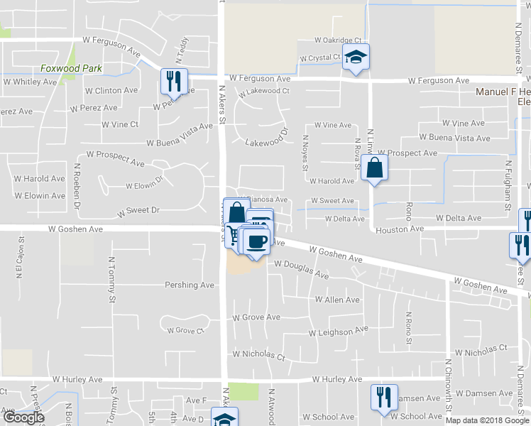 map of restaurants, bars, coffee shops, grocery stores, and more near 1458 North Cortona Street in Visalia