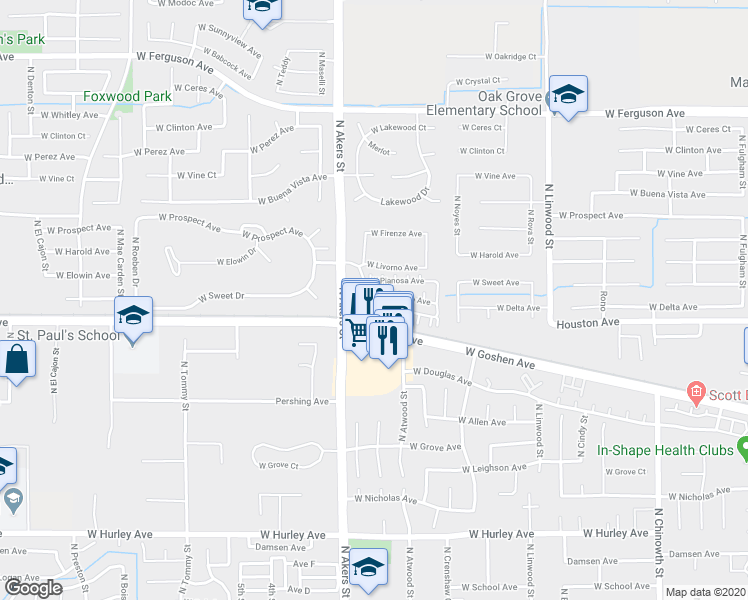 map of restaurants, bars, coffee shops, grocery stores, and more near 5138 West Arrezzo Avenue in Visalia