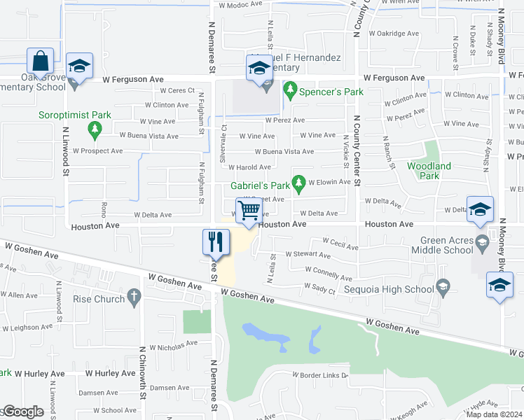 map of restaurants, bars, coffee shops, grocery stores, and more near 3458 West Delta Avenue in Visalia