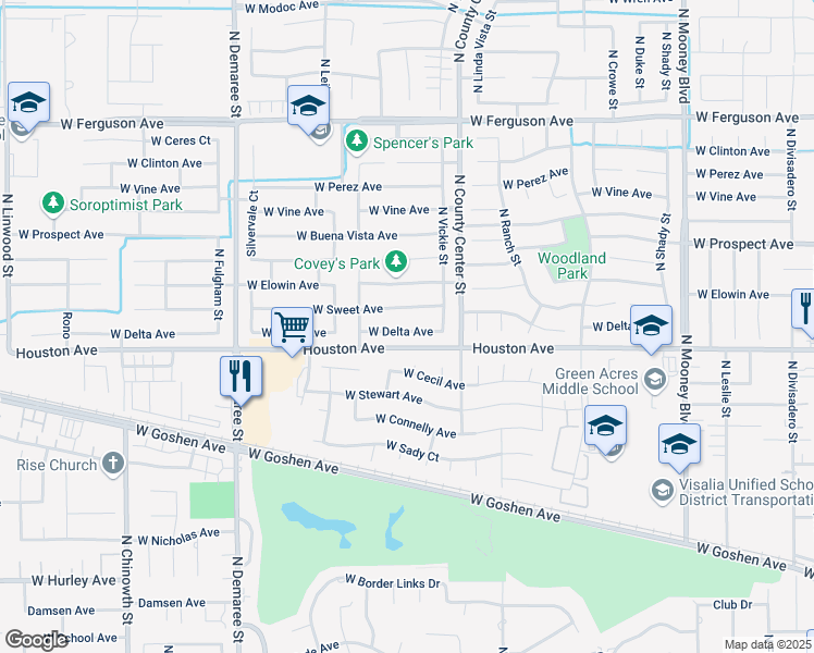map of restaurants, bars, coffee shops, grocery stores, and more near 3042 West Delta Avenue in Visalia