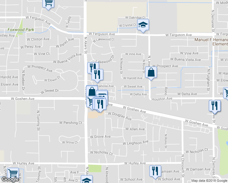 map of restaurants, bars, coffee shops, grocery stores, and more near 1513 North Pisa Street in Visalia