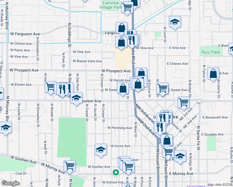 map of restaurants, bars, coffee shops, grocery stores, and more near 1475 North Highland Street in Visalia