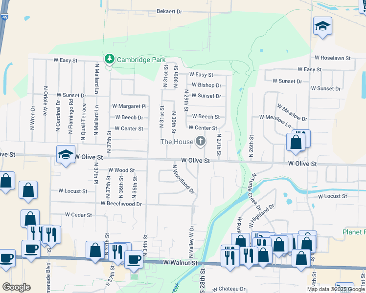 map of restaurants, bars, coffee shops, grocery stores, and more near 3009-3011 West Olive Street in Rogers