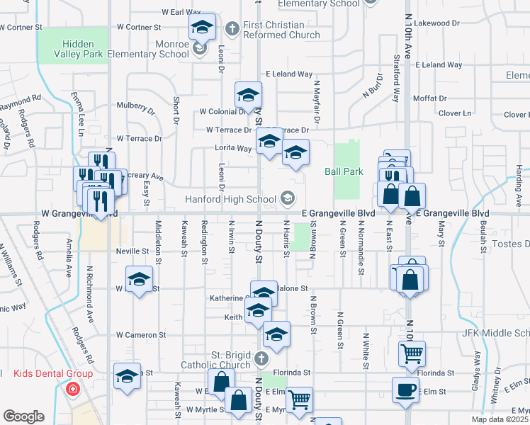 map of restaurants, bars, coffee shops, grocery stores, and more near 120 East Grangeville Boulevard in Hanford