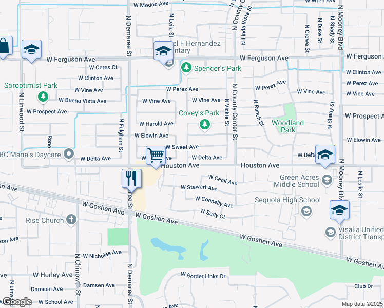 map of restaurants, bars, coffee shops, grocery stores, and more near 3224 West Delta Avenue in Visalia