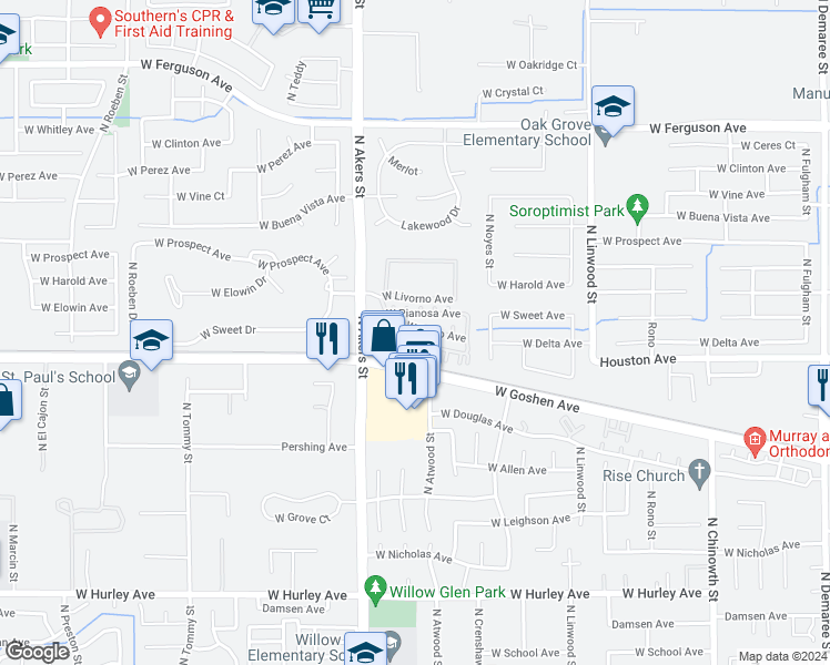map of restaurants, bars, coffee shops, grocery stores, and more near 5103 West Fiano Avenue in Visalia
