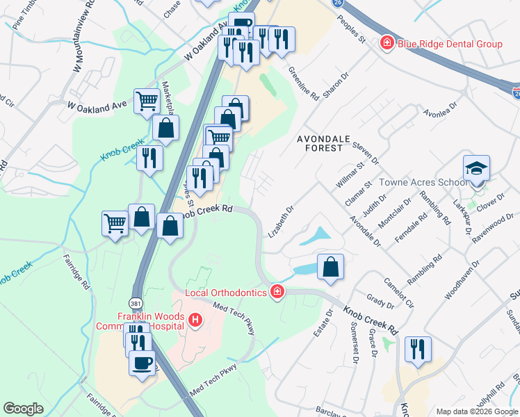 map of restaurants, bars, coffee shops, grocery stores, and more near 2412 Knob Creek Road in Johnson City