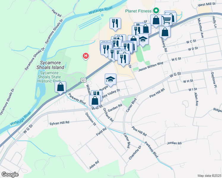 map of restaurants, bars, coffee shops, grocery stores, and more near 1310 Burgie Street in Elizabethton