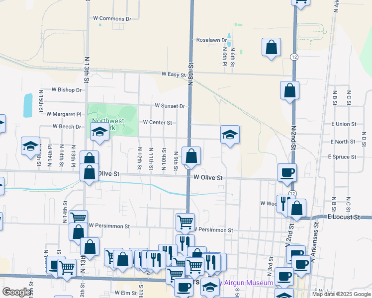 map of restaurants, bars, coffee shops, grocery stores, and more near 806 West Norwood Street in Rogers