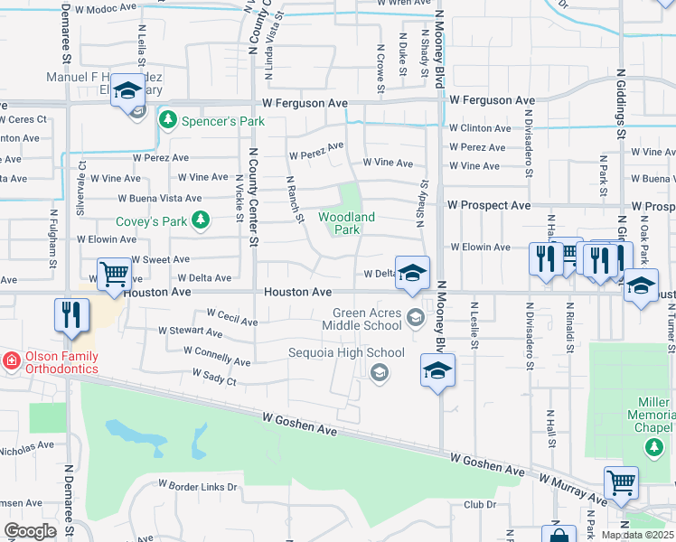 map of restaurants, bars, coffee shops, grocery stores, and more near 2522 West Delta Court in Visalia