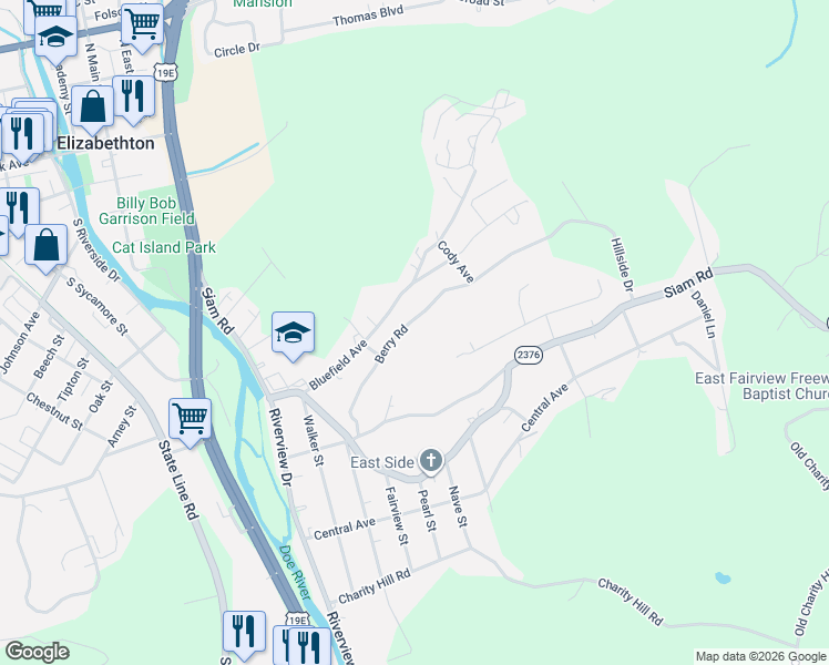map of restaurants, bars, coffee shops, grocery stores, and more near 1124 Berry Road in Elizabethton