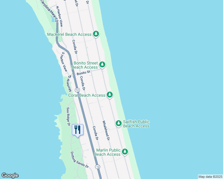 map of restaurants, bars, coffee shops, grocery stores, and more near 905 Lighthouse Drive in Corolla