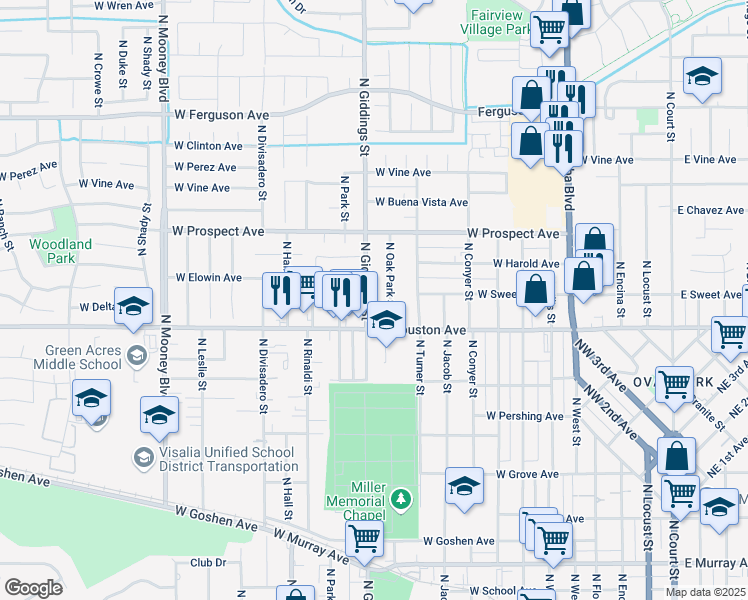map of restaurants, bars, coffee shops, grocery stores, and more near 1540 North Giddings Street in Visalia