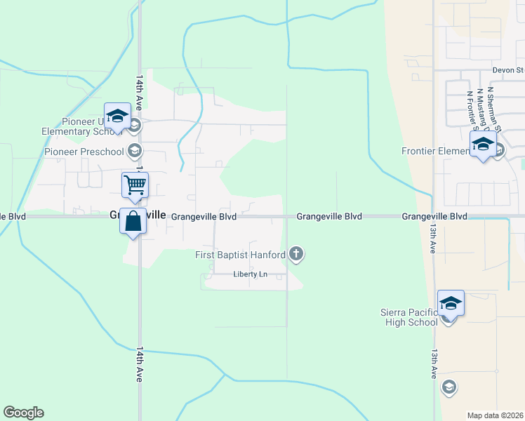 map of restaurants, bars, coffee shops, grocery stores, and more near 13582 Grangeville Boulevard in Hanford
