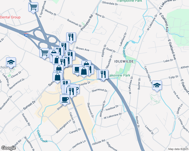 map of restaurants, bars, coffee shops, grocery stores, and more near 210 Broyles Drive in Johnson City