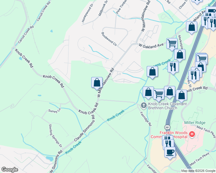 map of restaurants, bars, coffee shops, grocery stores, and more near 1100 West Mountainview Road in Johnson City