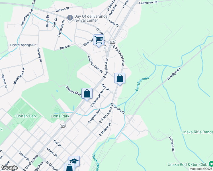 map of restaurants, bars, coffee shops, grocery stores, and more near 2108 East Unaka Avenue in Johnson City