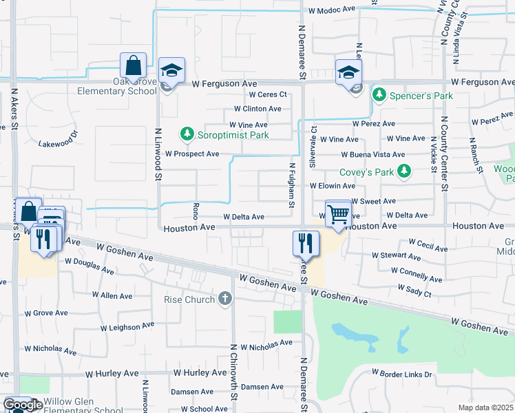 map of restaurants, bars, coffee shops, grocery stores, and more near 3917 West Sweet Avenue in Visalia