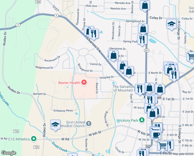 map of restaurants, bars, coffee shops, grocery stores, and more near 624 Hospital Drive in Mountain Home