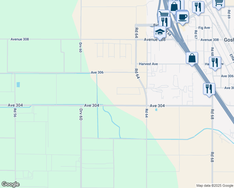 map of restaurants, bars, coffee shops, grocery stores, and more near Bushel Ave in Visalia