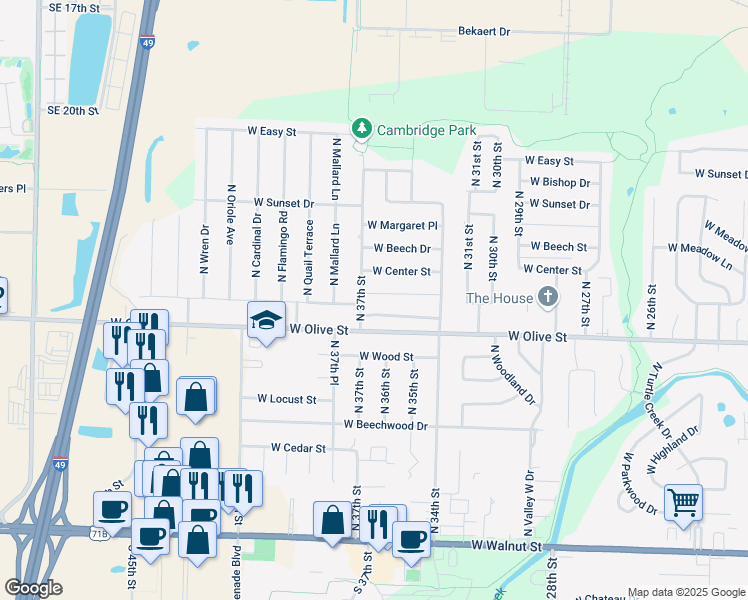 map of restaurants, bars, coffee shops, grocery stores, and more near 3604 Mockingbird Lane in Rogers