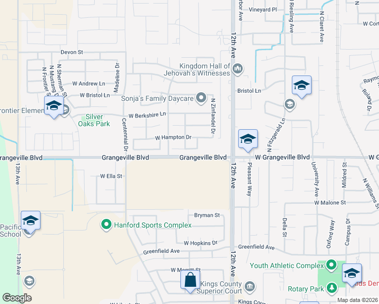 map of restaurants, bars, coffee shops, grocery stores, and more near 1872 West Claridge Way in Hanford